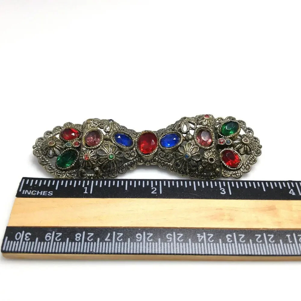 Vintage Rhinestone Floral Bow Brooch, Filigree Flowers, 1930s Jewelry